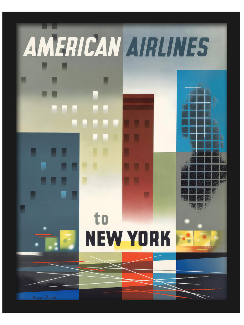 1956 American Airlines New York City poster with abstract modernist depiction of skyscrapers and street scenes