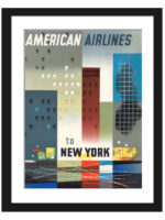 1956 American Airlines New York City poster with abstract modernist depiction of skyscrapers and street scenes