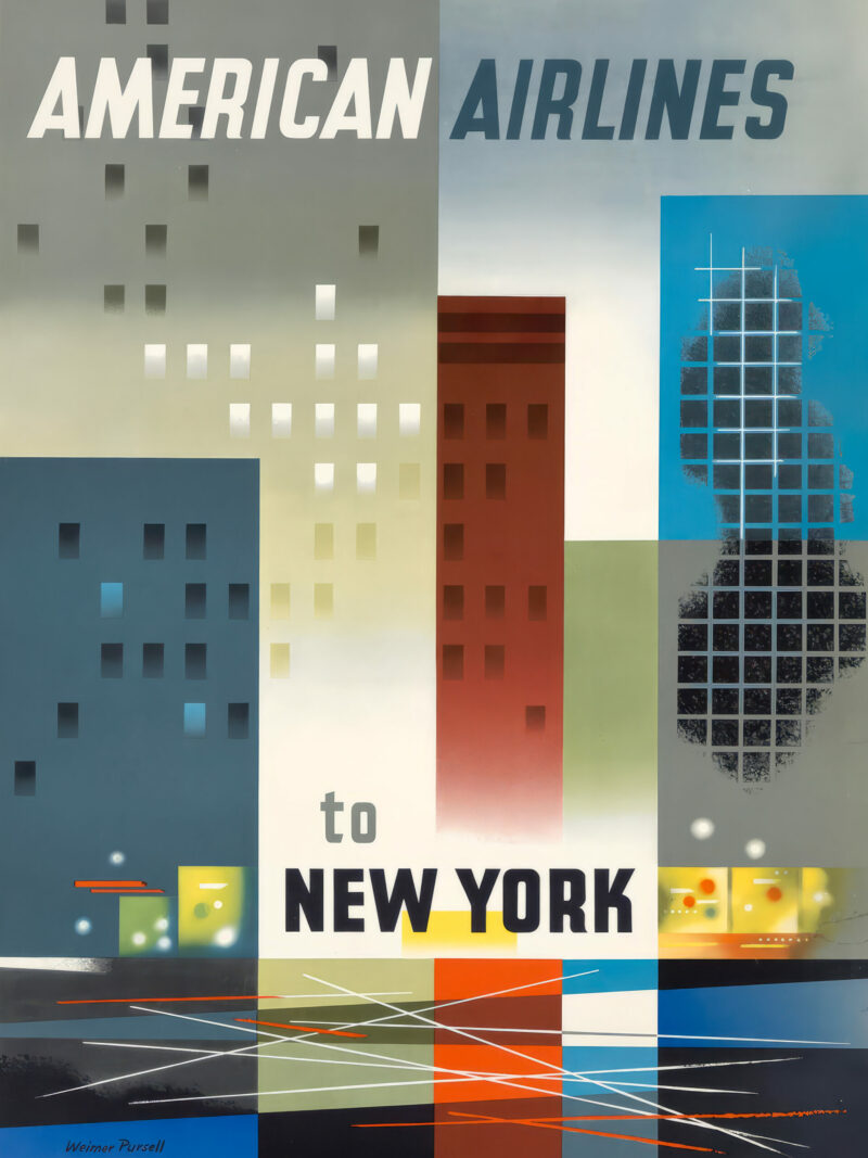 1956 American Airlines New York City poster with abstract modernist depiction of skyscrapers and street scenes