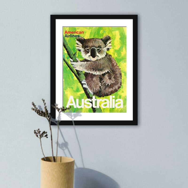 1965 American Airlines poster featuring a koala in a vibrant green Australian setting
