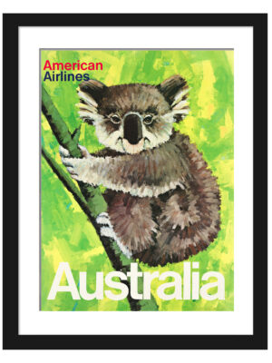 1965 American Airlines poster featuring a koala in a vibrant green Australian setting