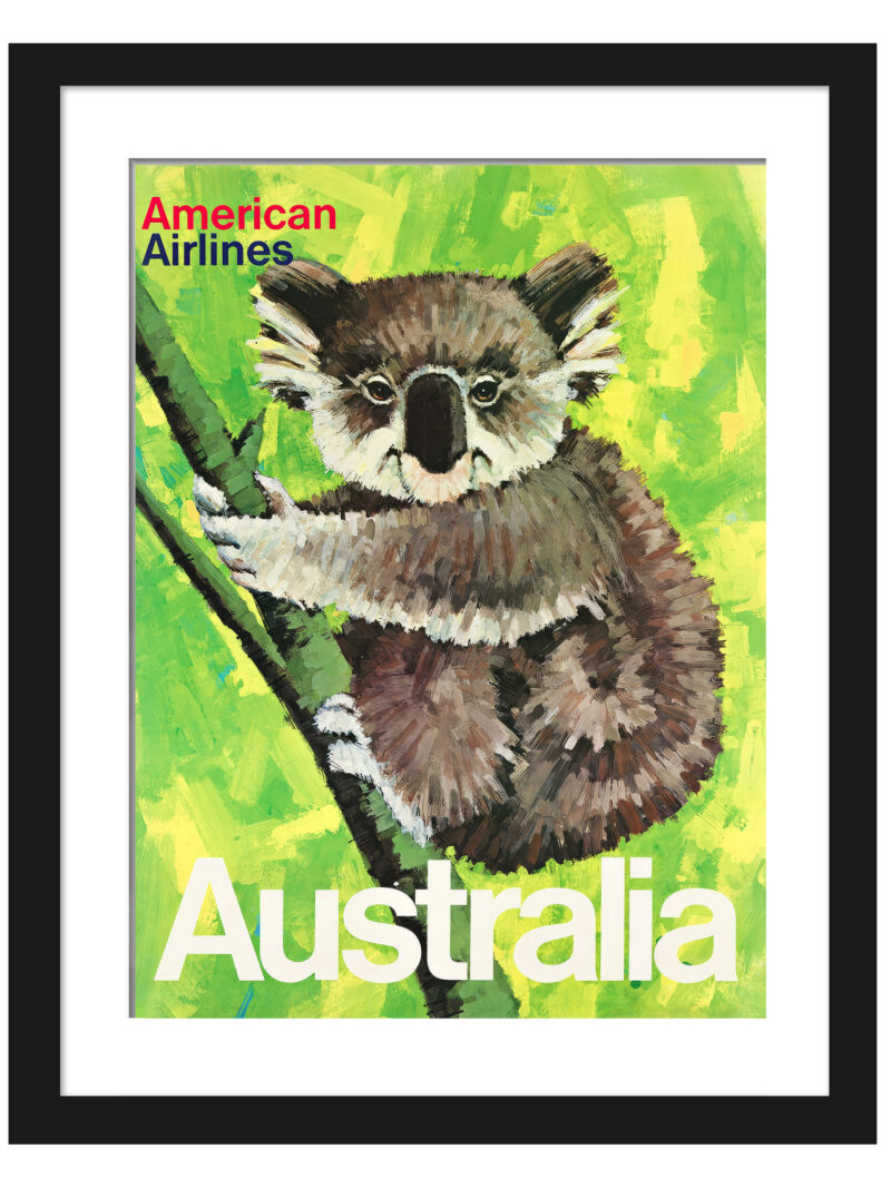 1965 American Airlines poster featuring a koala in a vibrant green Australian setting