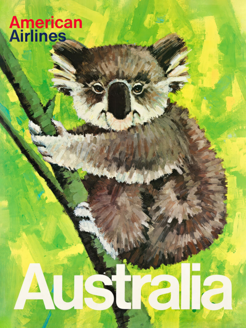 1965 American Airlines poster featuring a koala in a vibrant green Australian setting