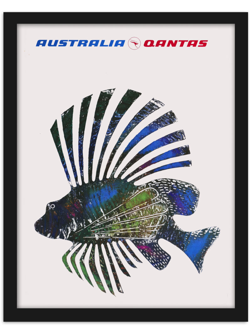 1970 Qantas travel poster featuring the colorful Butterfly Cod fish of the Great Barrier Reef