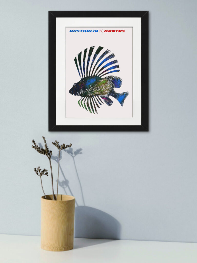 1970 Qantas travel poster featuring the colorful Butterfly Cod fish of the Great Barrier Reef