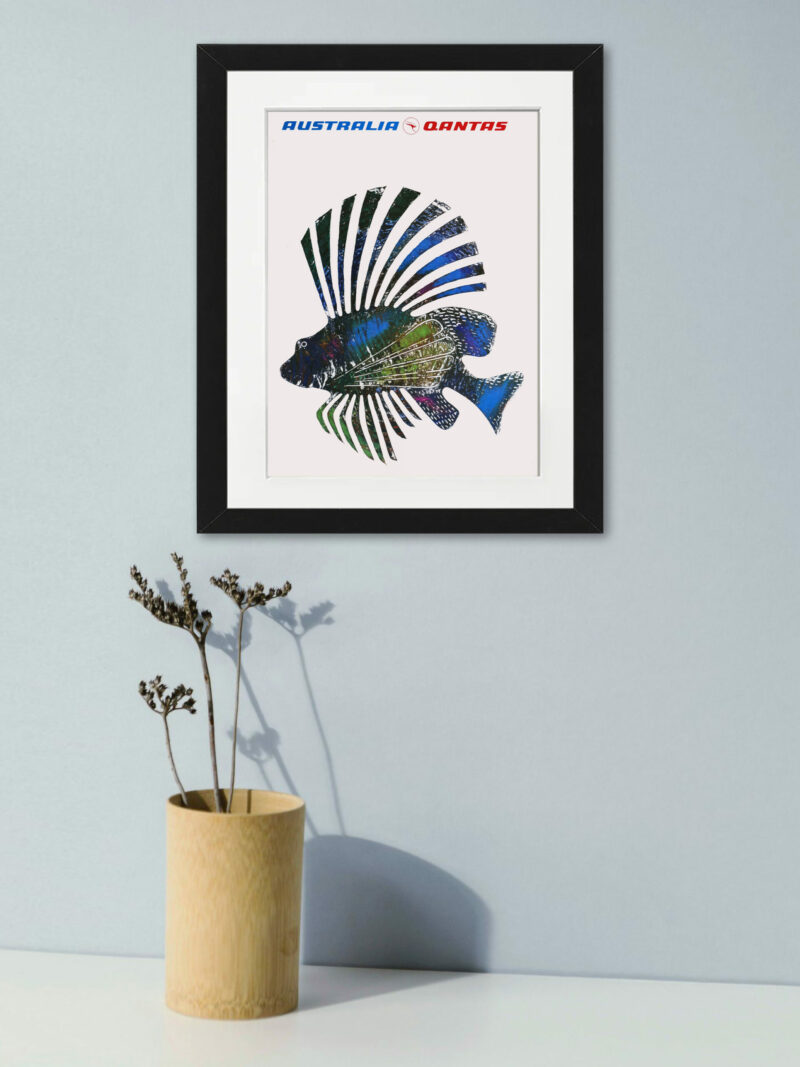 1970 Qantas travel poster featuring the colorful Butterfly Cod fish of the Great Barrier Reef