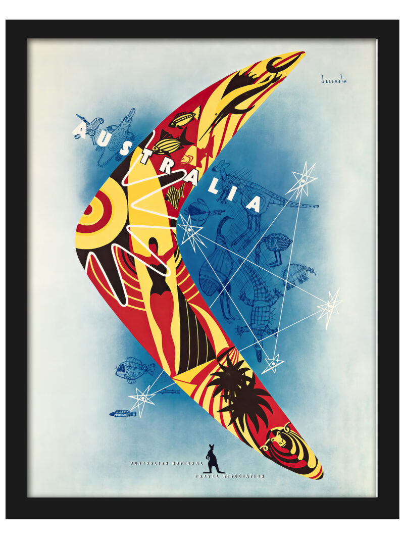 1957 Australian travel poster by Gert Sellheim featuring colorful motifs like boomerangs and surfboards