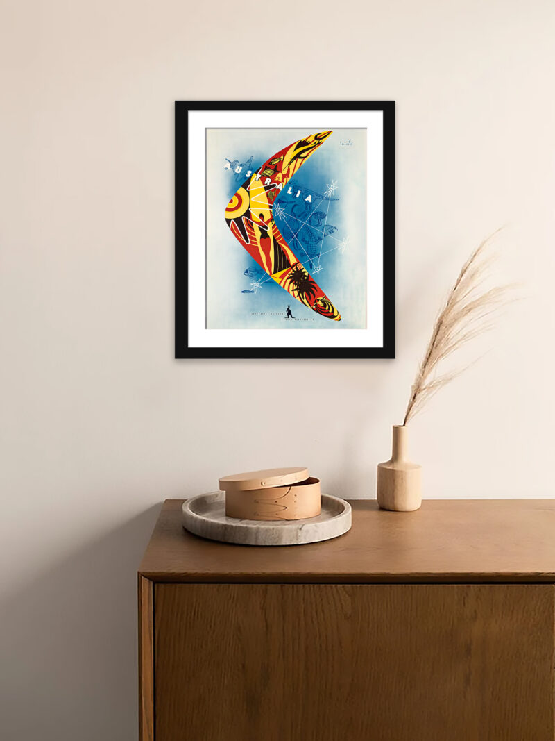 1957 Australian travel poster by Gert Sellheim featuring colorful motifs like boomerangs and surfboards
