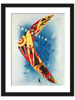 1957 Australian travel poster by Gert Sellheim featuring colorful motifs like boomerangs and surfboards