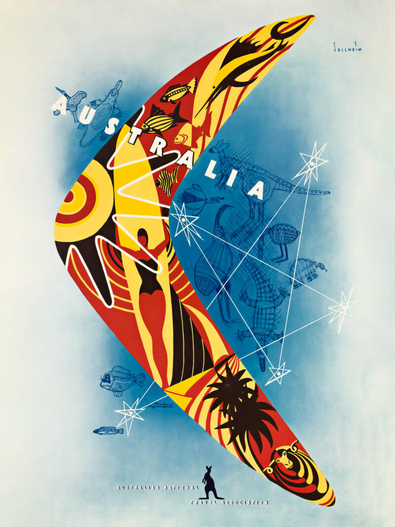 1957 Australian travel poster by Gert Sellheim featuring colorful motifs like boomerangs and surfboards