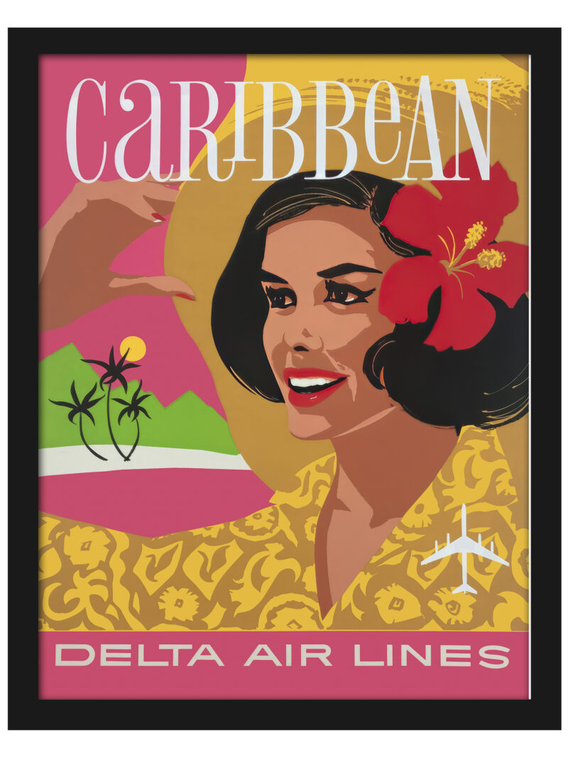 1962 vintage Delta Air Lines Caribbean travel poster featuring a woman with tropical elements