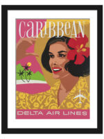 1962 vintage Delta Air Lines Caribbean travel poster featuring a woman with tropical elements