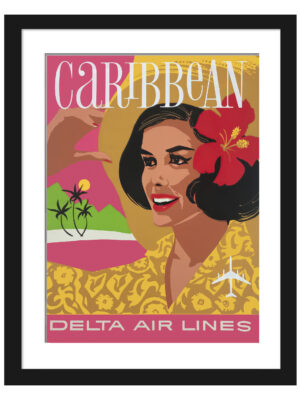 1962 vintage Delta Air Lines Caribbean travel poster featuring a woman with tropical elements