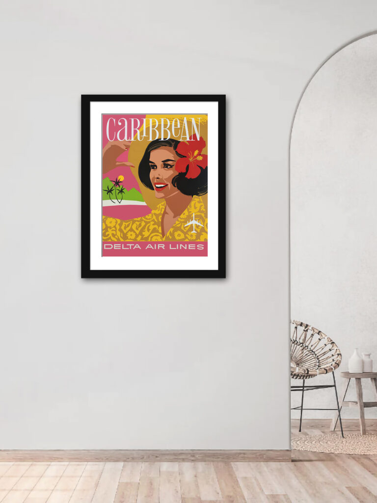 1962 vintage Delta Air Lines Caribbean travel poster featuring a woman with tropical elements