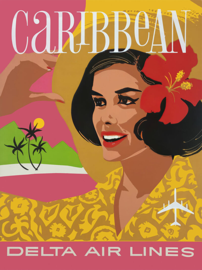 1962 vintage Delta Air Lines Caribbean travel poster featuring a woman with tropical elements