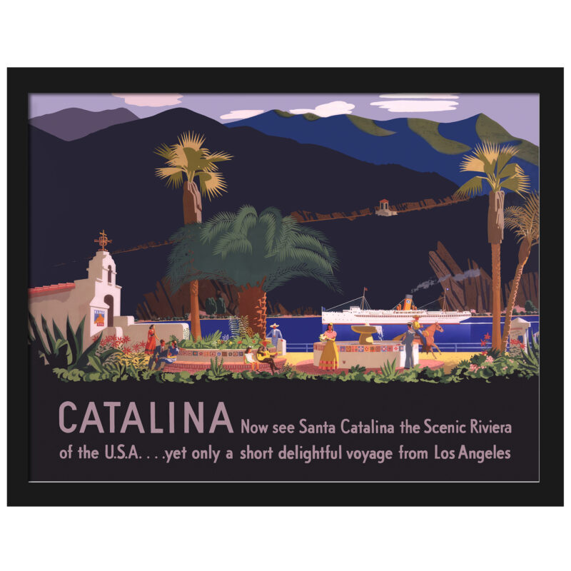1930 Santa Catalina Island travel poster by Otis Shepard featuring a church, plaza, and passing ship
