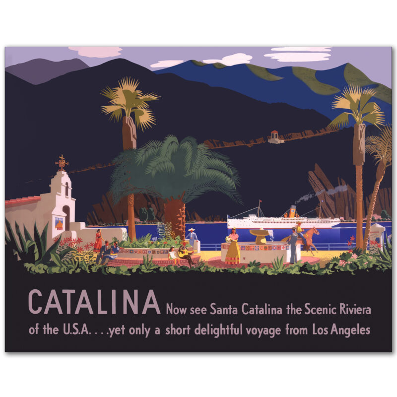 1930 Santa Catalina Island travel poster by Otis Shepard featuring a church, plaza, and passing ship