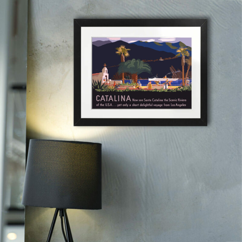 1930 Santa Catalina Island travel poster by Otis Shepard featuring a church, plaza, and passing ship