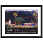 1930 Santa Catalina Island travel poster by Otis Shepard featuring a church, plaza, and passing ship