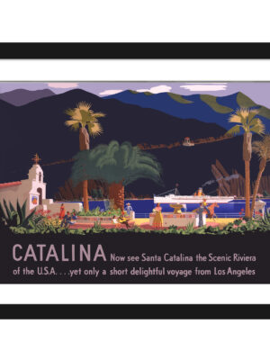 1930 Santa Catalina Island travel poster by Otis Shepard featuring a church, plaza, and passing ship