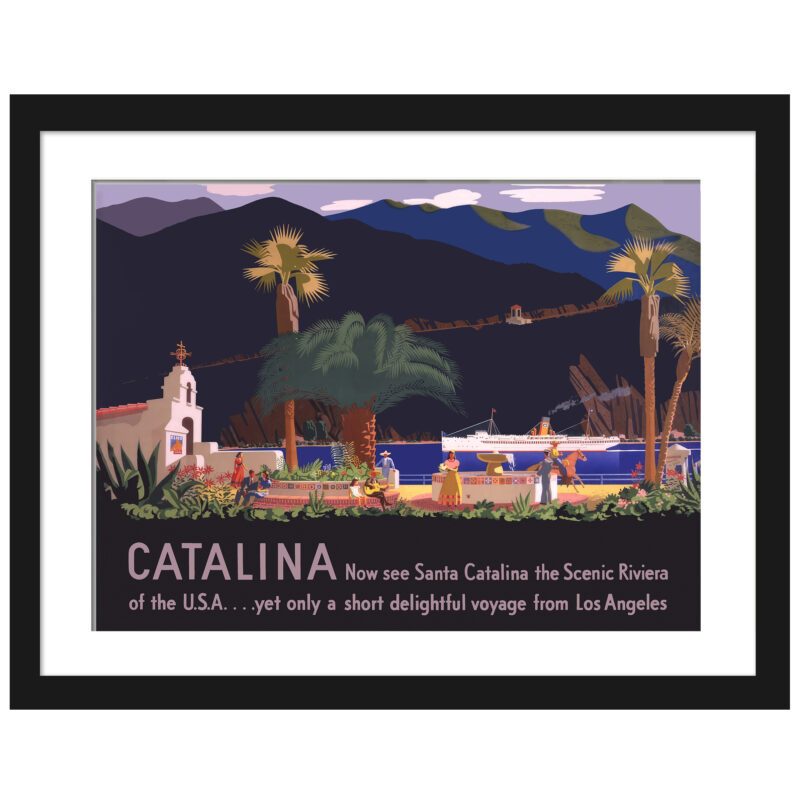 1930 Santa Catalina Island travel poster by Otis Shepard featuring a church, plaza, and passing ship
