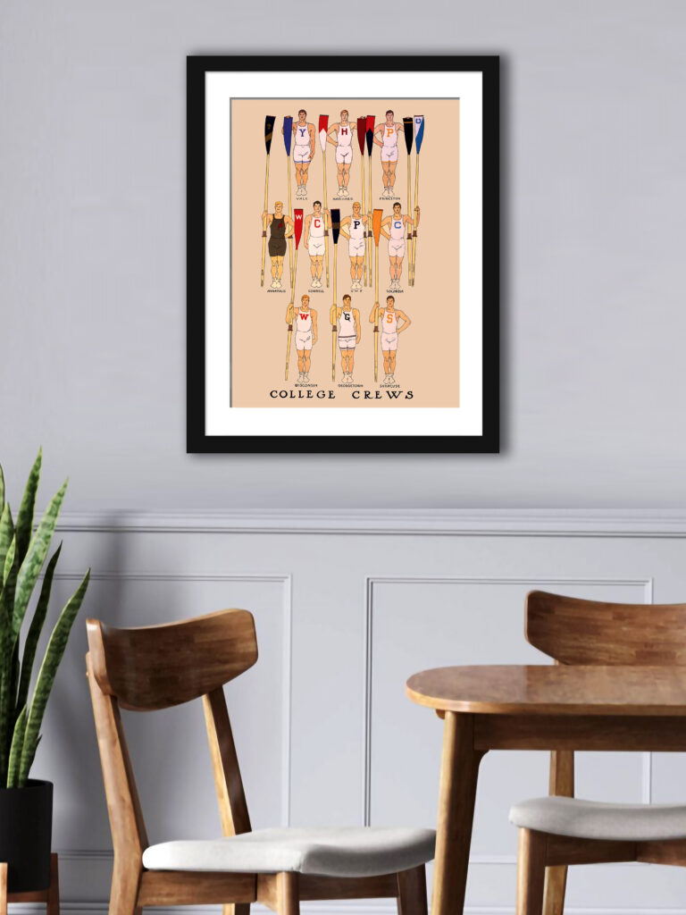 1910 vintage poster of collegiate rowing teams by Edward Penfield, featuring athletes from ten universities