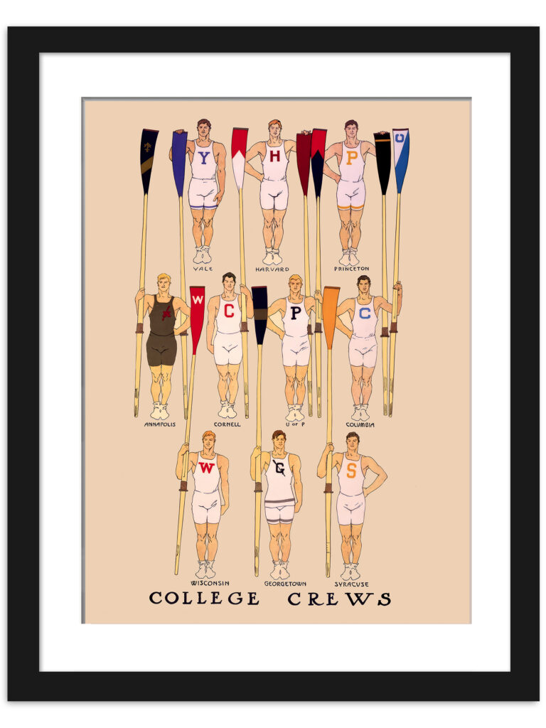 1910 vintage poster of collegiate rowing teams by Edward Penfield, featuring athletes from ten universities