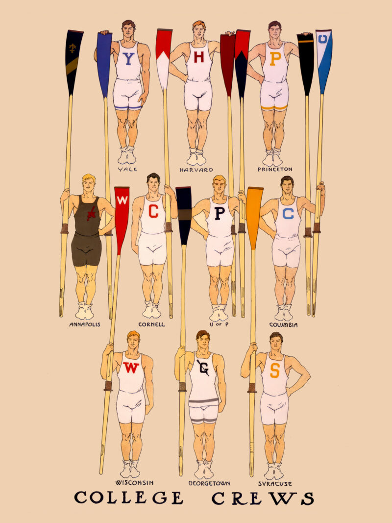 1910 vintage poster of collegiate rowing teams by Edward Penfield, featuring athletes from ten universities