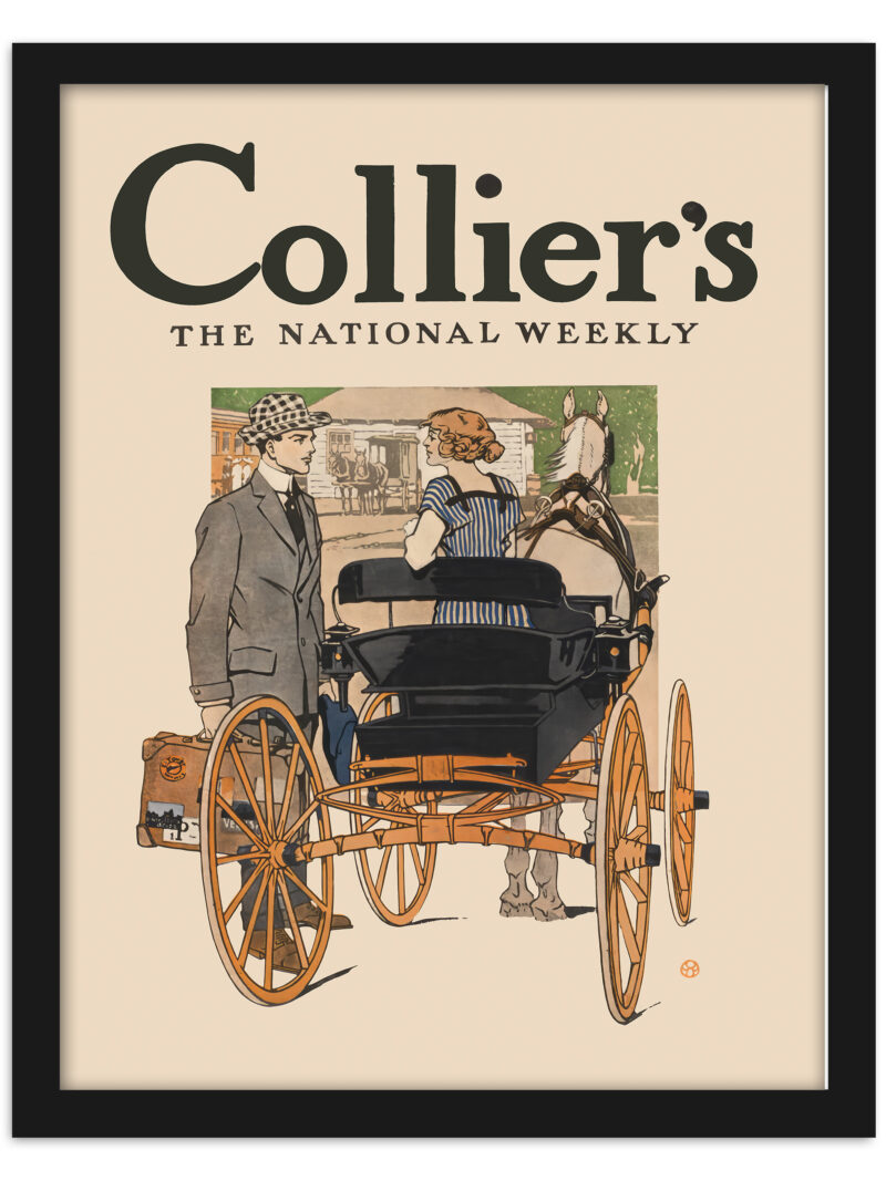 Vintage Collier's Weekly cover featuring a couple and a horse-drawn carriage from the early 1900s