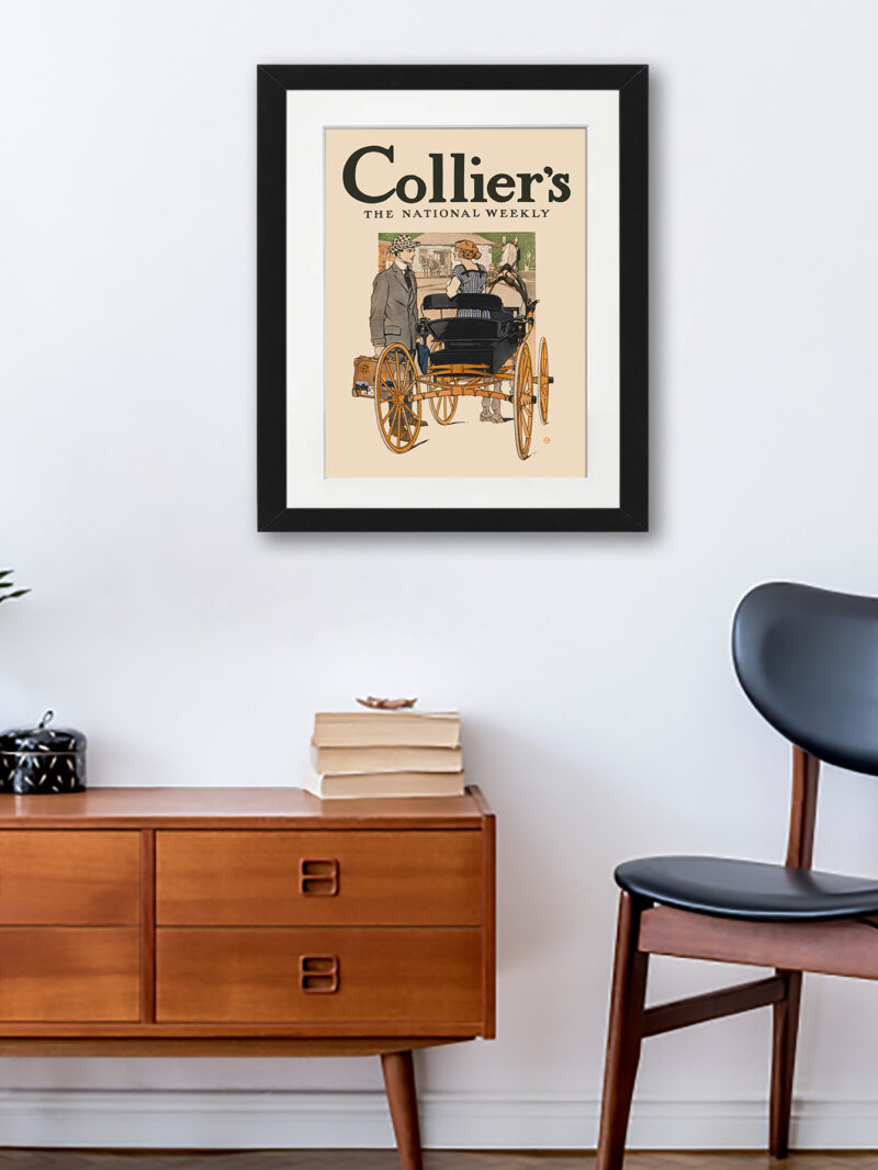 Vintage Collier's Weekly cover featuring a couple and a horse-drawn carriage from the early 1900s