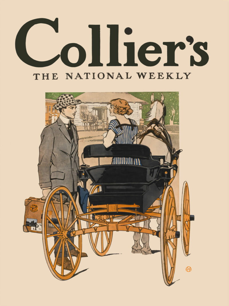 Vintage Collier's Weekly cover featuring a couple and a horse-drawn carriage from the early 1900s