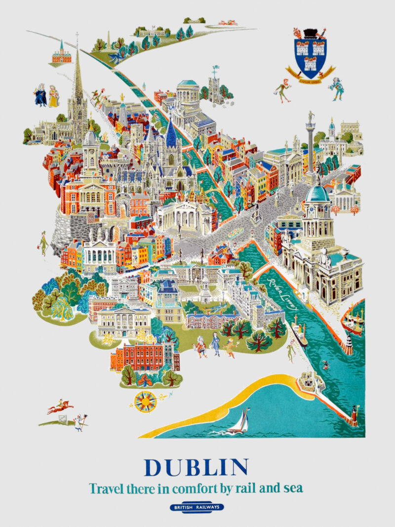 1953 vintage travel poster by Kerry Lee depicting Dublin’s detailed cityscape