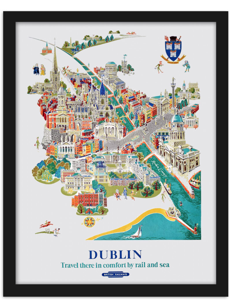 1953 vintage travel poster by Kerry Lee depicting Dublin’s detailed cityscape