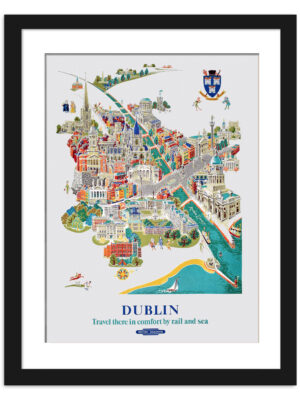1953 vintage travel poster by Kerry Lee depicting Dublin’s detailed cityscape