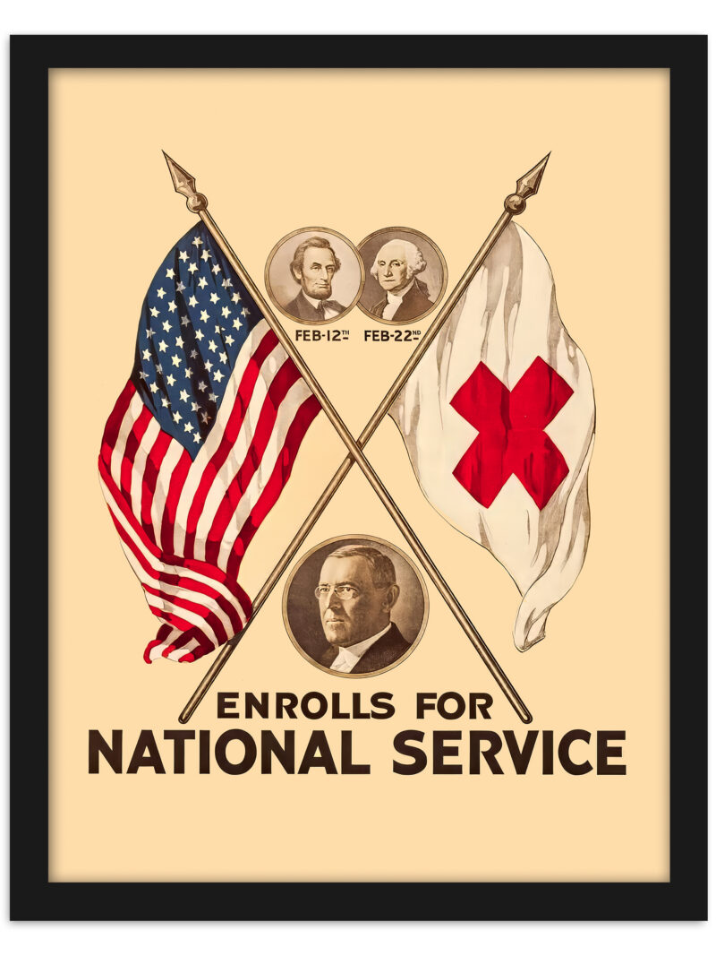 1919 World War I Red Cross propaganda poster featuring Presidents Lincoln and Washington