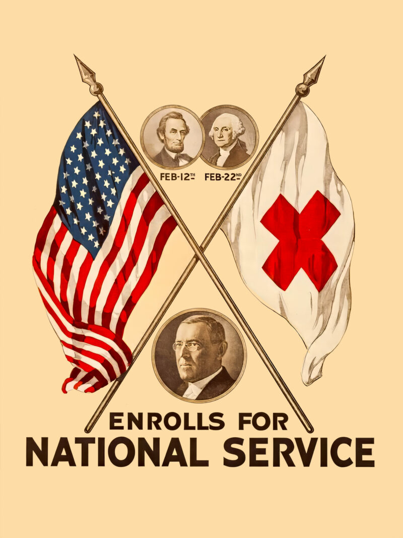 1919 World War I Red Cross propaganda poster featuring Presidents Lincoln and Washington