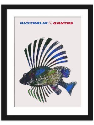 1970 Qantas travel poster featuring the colorful Butterfly Cod fish of the Great Barrier Reef
