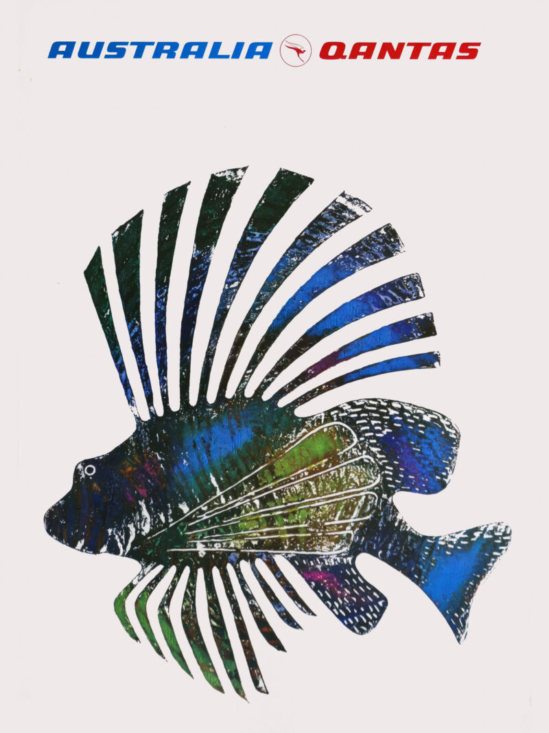 1970 Qantas travel poster featuring the colorful Butterfly Cod fish of the Great Barrier Reef