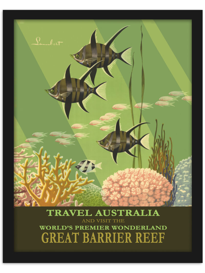 Vintage Australian travel poster of the Great Barrier Reef with vibrant marine illustrations