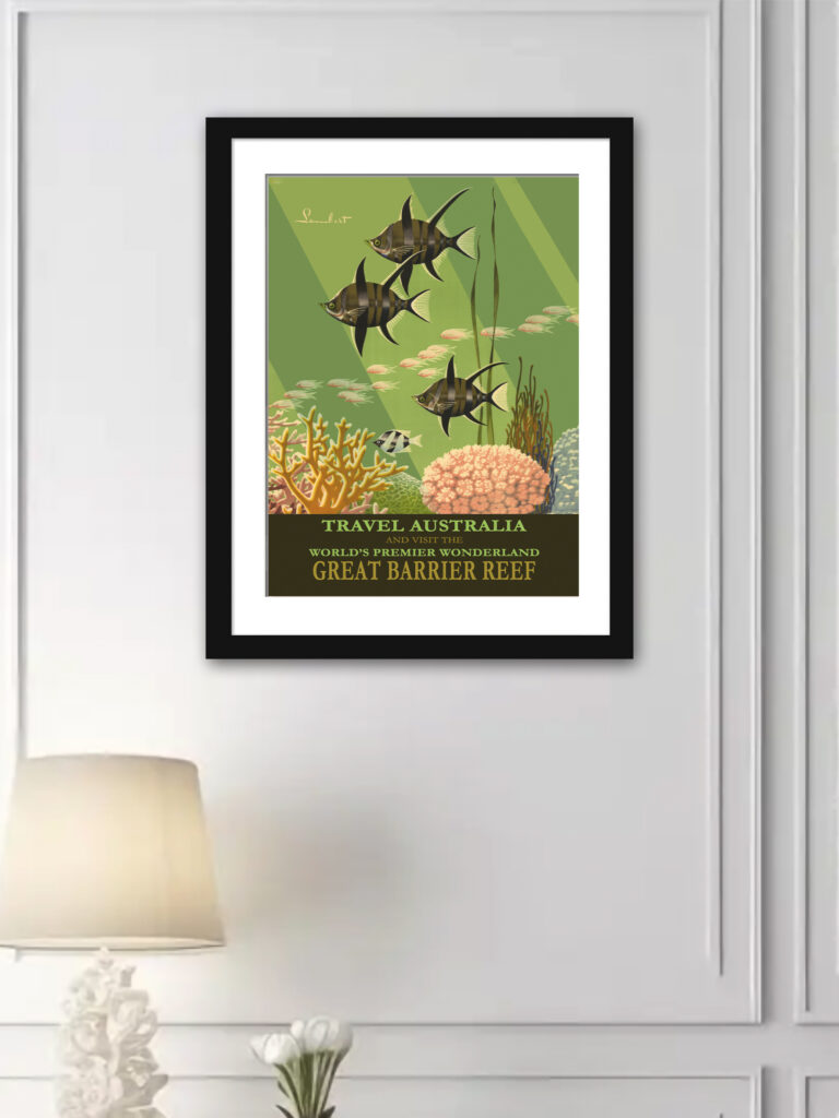 Vintage Australian travel poster of the Great Barrier Reef with vibrant marine illustrations