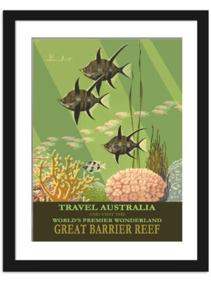Vintage Australian travel poster of the Great Barrier Reef with vibrant marine illustrations