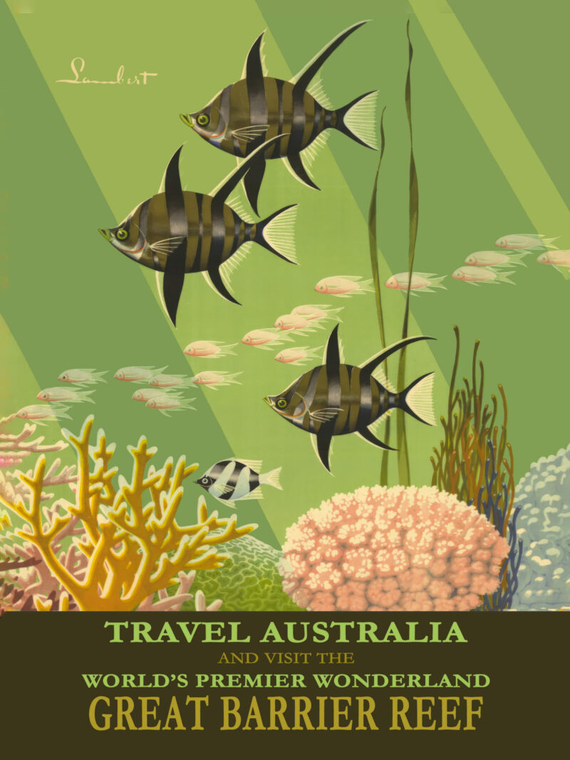 Vintage Australian travel poster of the Great Barrier Reef with vibrant marine illustrations