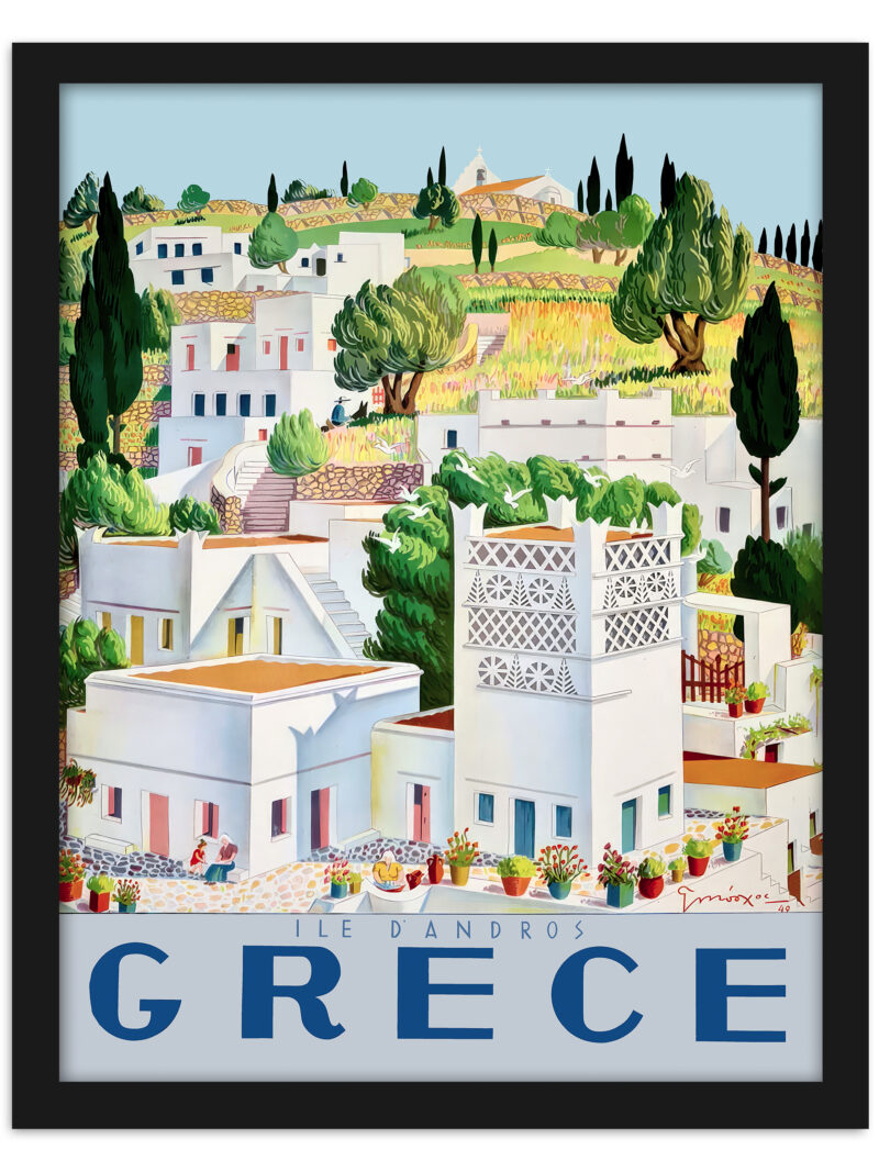 Reproduction of George Moschos's 1949 Andros, Greece travel poster depicting the island's scenic beauty