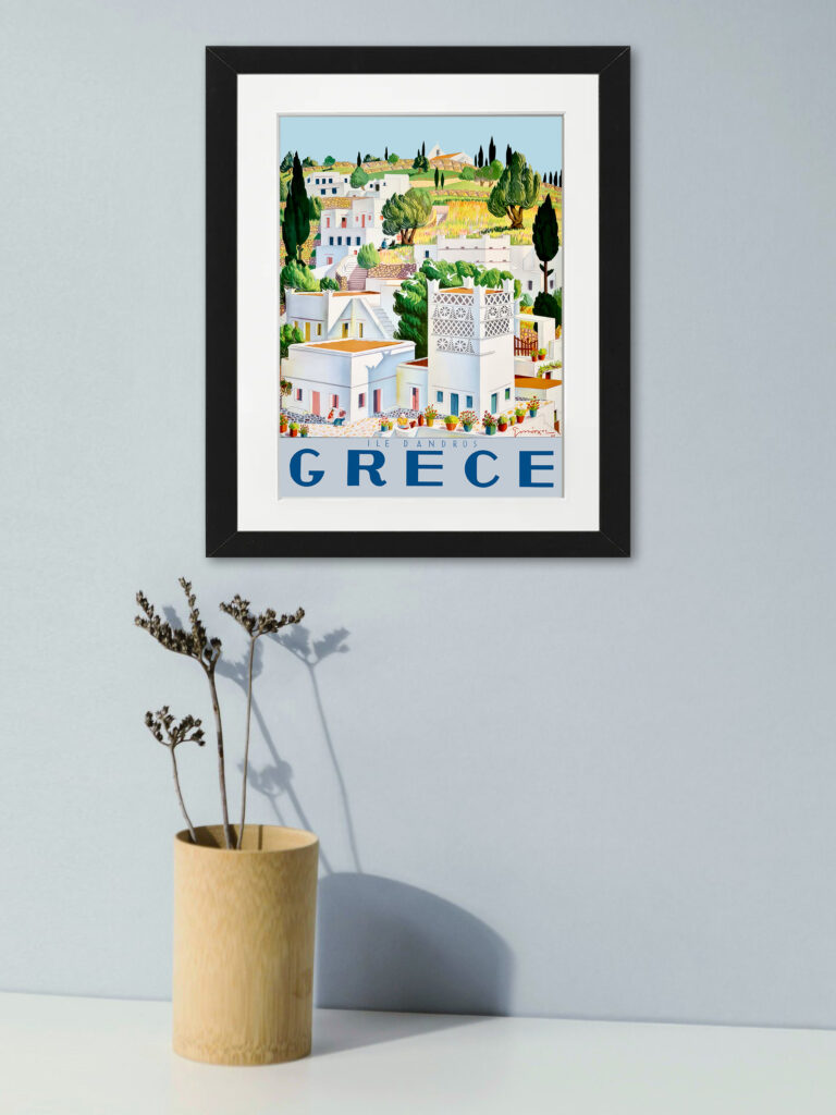 Reproduction of George Moschos's 1949 Andros, Greece travel poster depicting the island's scenic beauty