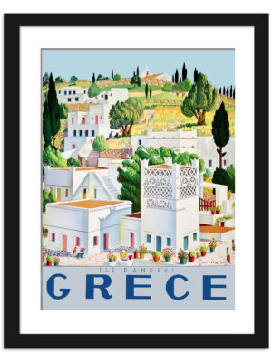 Reproduction of George Moschos's 1949 Andros, Greece travel poster depicting the island's scenic beauty