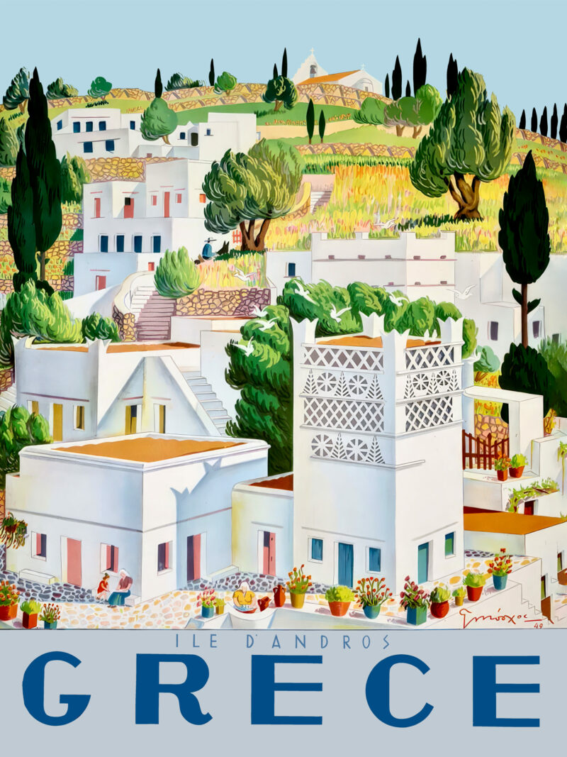 Reproduction of George Moschos's 1949 Andros, Greece travel poster depicting the island's scenic beauty