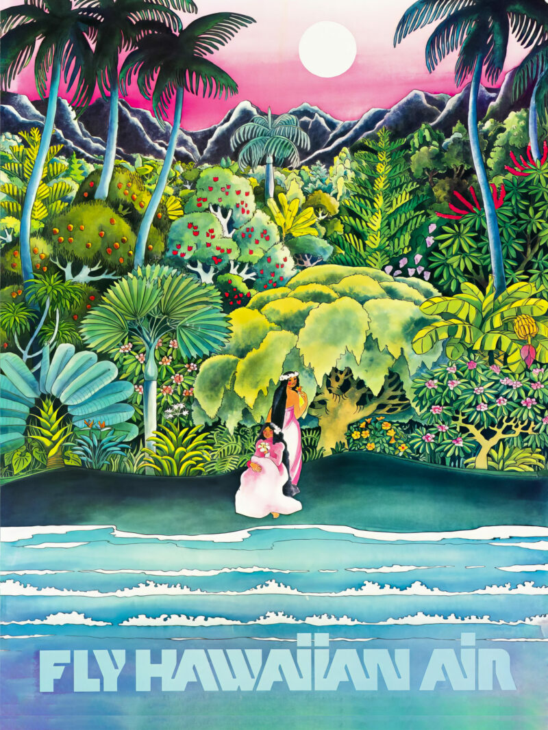 1960 Fly Hawaiian Air travel poster with vibrant tropical artwork