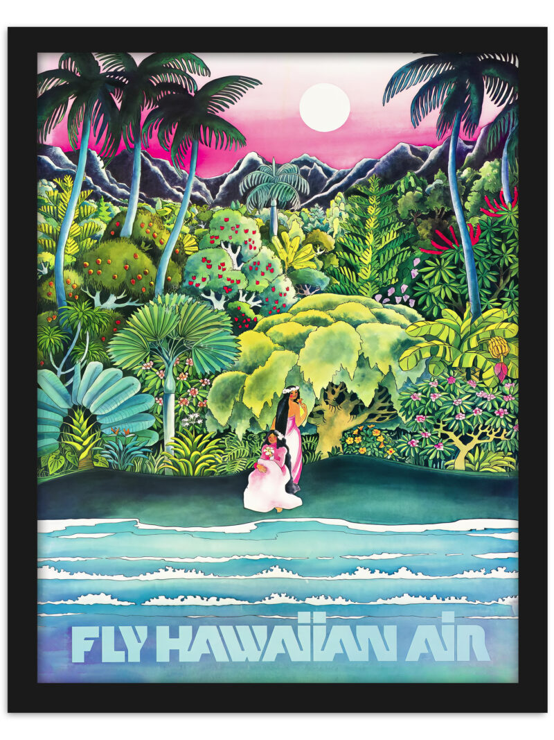1960 Fly Hawaiian Air travel poster with vibrant tropical artwork