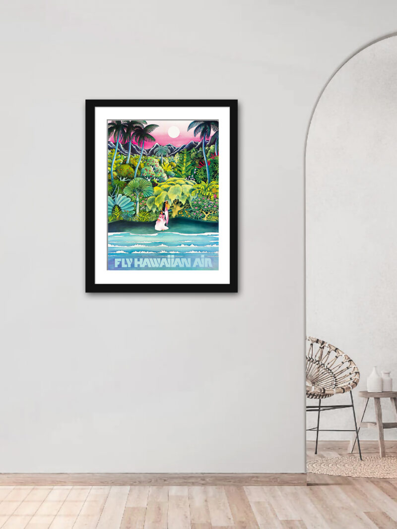1960 Fly Hawaiian Air travel poster with vibrant tropical artwork