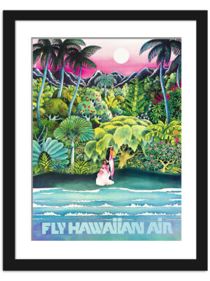 1960 Fly Hawaiian Air travel poster with vibrant tropical artwork